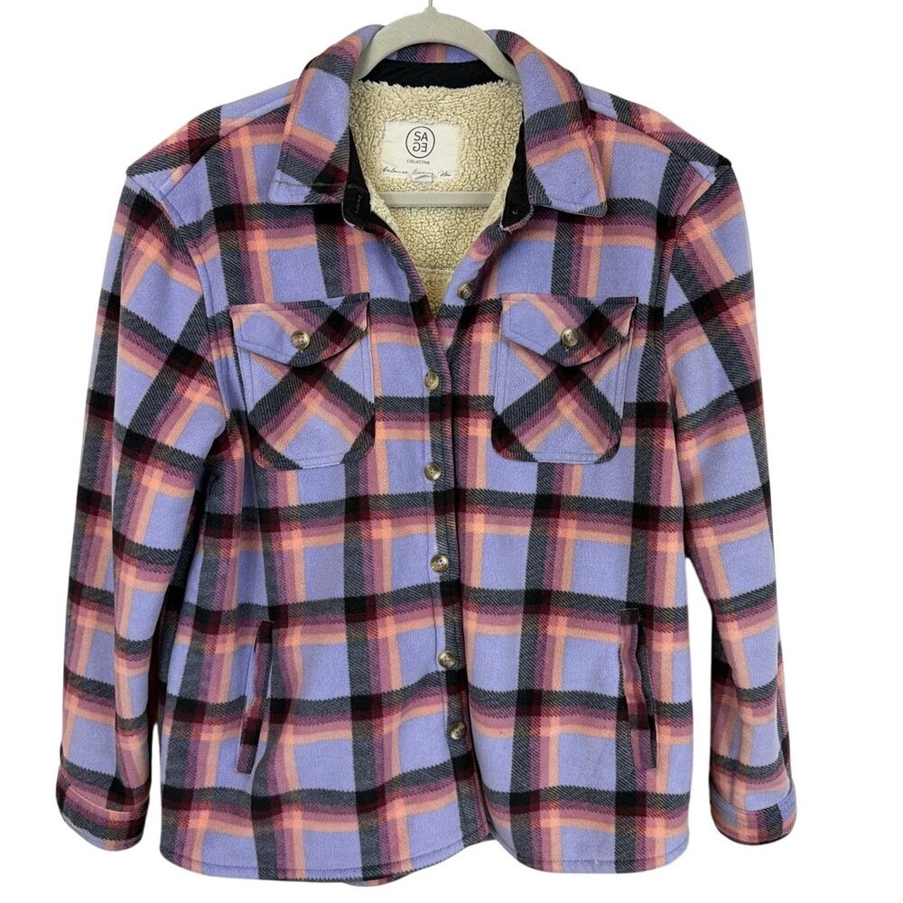 Sage Collective Purple Plaid Sherpa Fleece Lined Button Up Jacket Size L